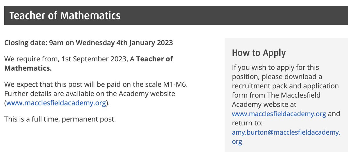 We’re hiring. I’m holding out paying £10k of our budget on a well known vacancy portal for one advert so please share far and wide. We’re growing our MATHS team from September. Fantastic school to work at. Email amy.burton@macclesfieldacademy.org for the pack <a href="/TheMaccAcademy/">TMA The Macclesfield Academy</a>