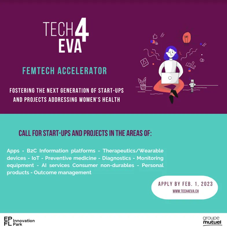 Call for application 2023 Cohort Tech4Eva – A Joint program between <a href="/EPFL_Park/">EPFL Innovation Park</a> and Groupe Mutuel! Do you have an innovative and disruptive FemTech solution and are you looking to accelerate your progress and gain visibility? Apply here: buff.ly/3XJ4CN0
