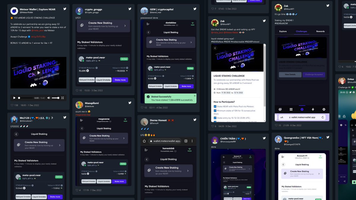 MeteorWallet's tweet photo. One more week left to start your liquid staking challenge with @meta_pool in Meteor ☄️

See video post below on how to qualify for a chance to win 50 stNEAR. 

See selection of liquid stakers attached or visit 
https://t.co/KM46jzFifH

Accept challenge ➡️ https://t.co/x08ImzwsKW https://t.co/zPbOk9JiFF