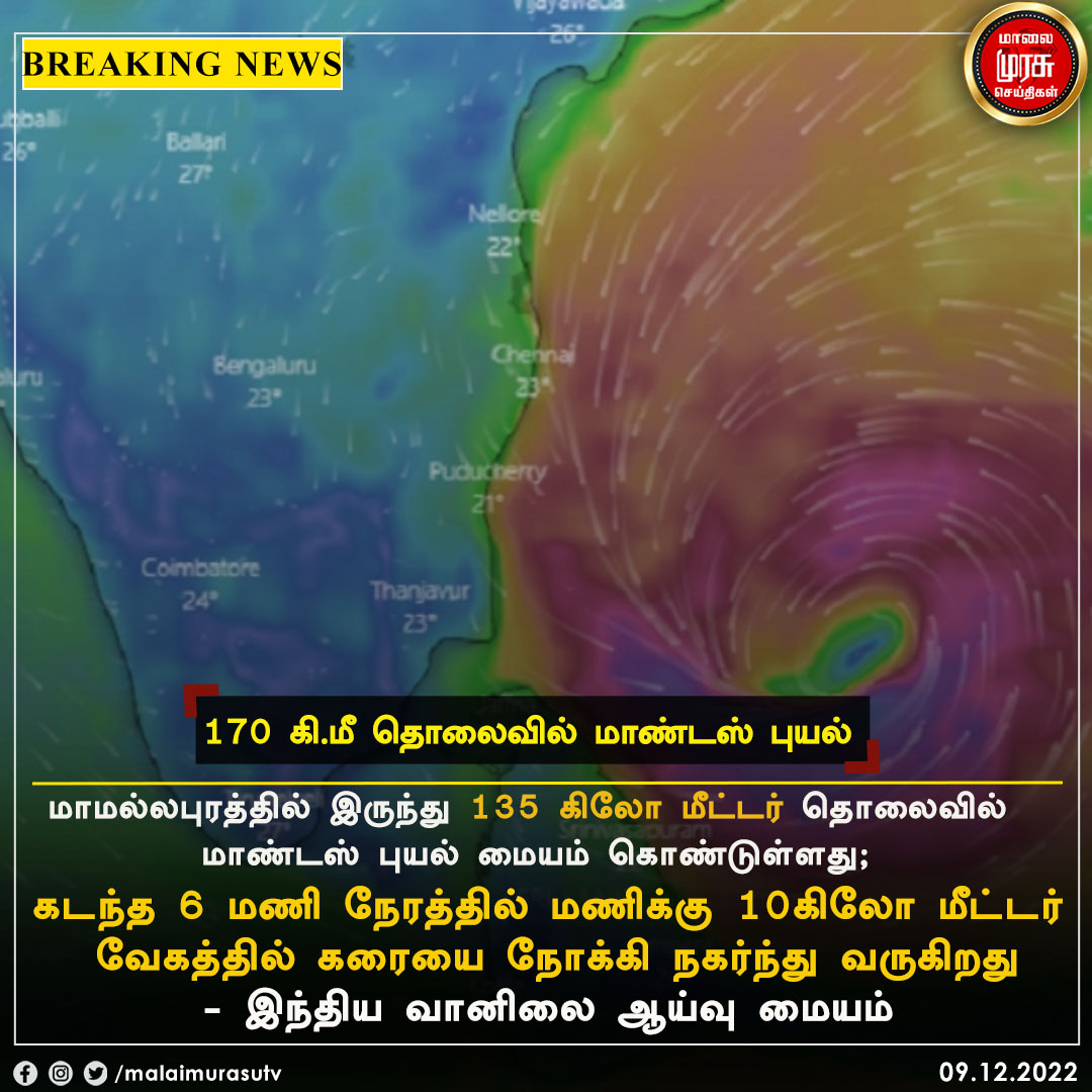 MalaimurasuTv's tweet photo. 170கிலோ மீட்டர் வேகத்தில் 'மாண்டஸ் புயல்’|
#CycloneMandous | #Rain | #170km | #Malaimurasu | https://t.co/FnS3qJvj0W