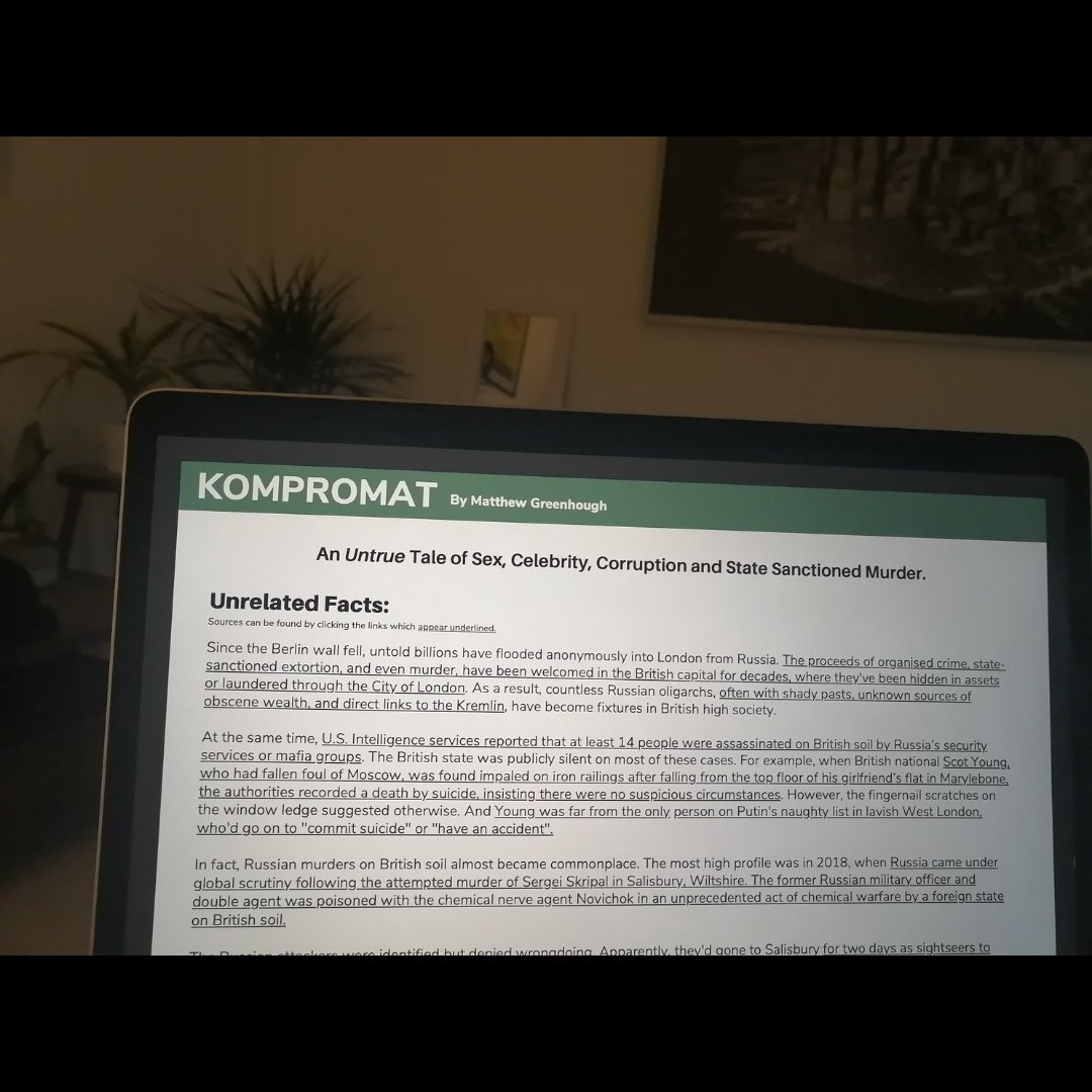 I'm working with the amazing folks at <a href="/RollemProdCo/">Rollem Productions</a> on ‘Kompromat’ a satirical angry little ditty - an “Untrue tale of sex, celebrity, corruption and state-sanctioned murder.” Couldn’t be more thrilled to be developing the idea with such an amazing YORKSHIRE company.