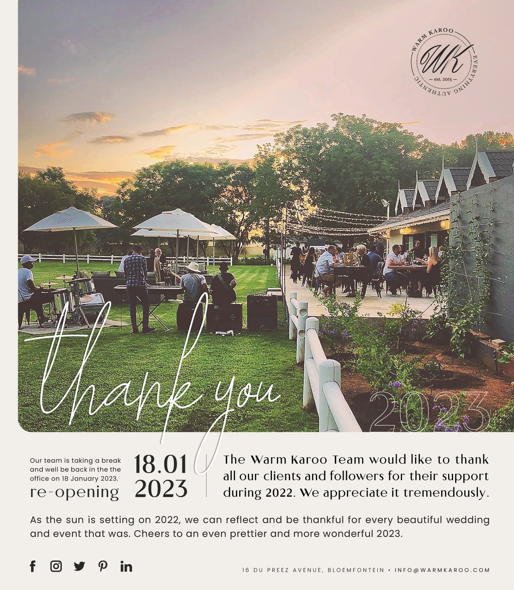 The Warm Karoo Team would like to thank all our clients and followers for their support during 2022. As the sun is setting on 2022, we can reflect and be thankful for every beautiful wedding and event that was. Cheers to an even prettier and more wonderful 2023. #WarmKaroo