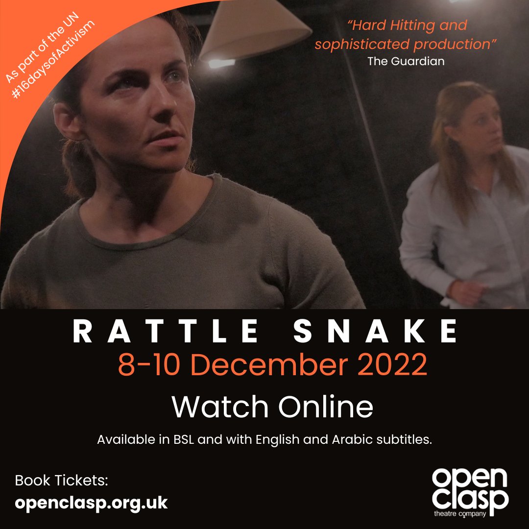 OpenClasp's tweet photo. #16daysofactivism Ends Tomorrow! 

Still chance to catch #UsToo Alisha's Story &amp; Rattle Snake online until 11:30pm tomorrow Sat 10th Dec

Don't miss out : https://t.co/wsfe7uKZfA 
Tickets from £1 
#BSL and #subtitles

@durham_uni @sunderlanduni @ARCEngland @RapeCrisisTN https://t.co/BAG8qwQe81