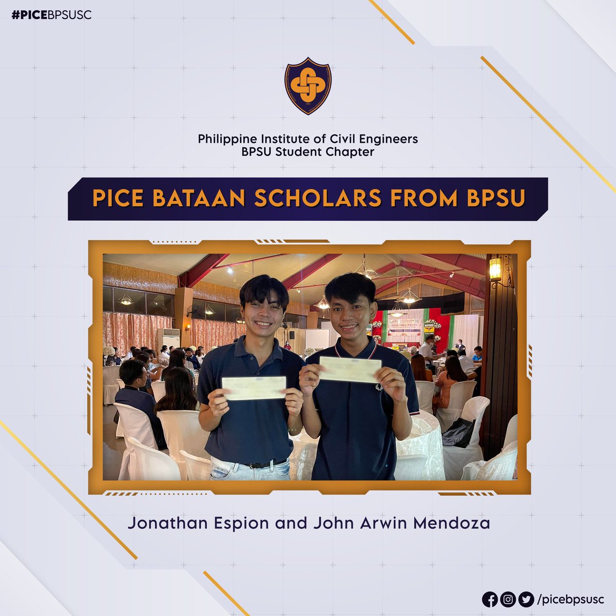 𝐓𝐇𝐀𝐍𝐊 𝐘𝐎𝐔, 𝐏𝐈𝐂𝐄 𝐁𝐀𝐓𝐀𝐀𝐍!

For granting two PICE Bataan Scholars, Jonathan Espion and John Arwin Mendoza from BPSU Civil Engineering.

#PICEBATAANSCHOLARS
#PICElebration
#PICEBPSUSC