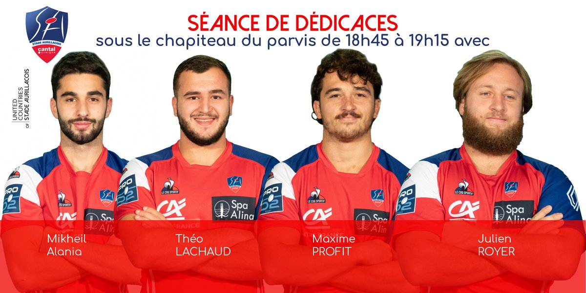 SArugbyofficiel's tweet photo. #sarcv
✍️Ce soir à l'avant-match, retrouvez certains de nos joueurs hors-groupe pour une séance de dédicaces à l'entrée du Stade de 18h45 à 19h15 !
#StadeAurillacois #SAfamily
🔴🔵🏈🏈💪💪 https://t.co/yr43kHgZ9V