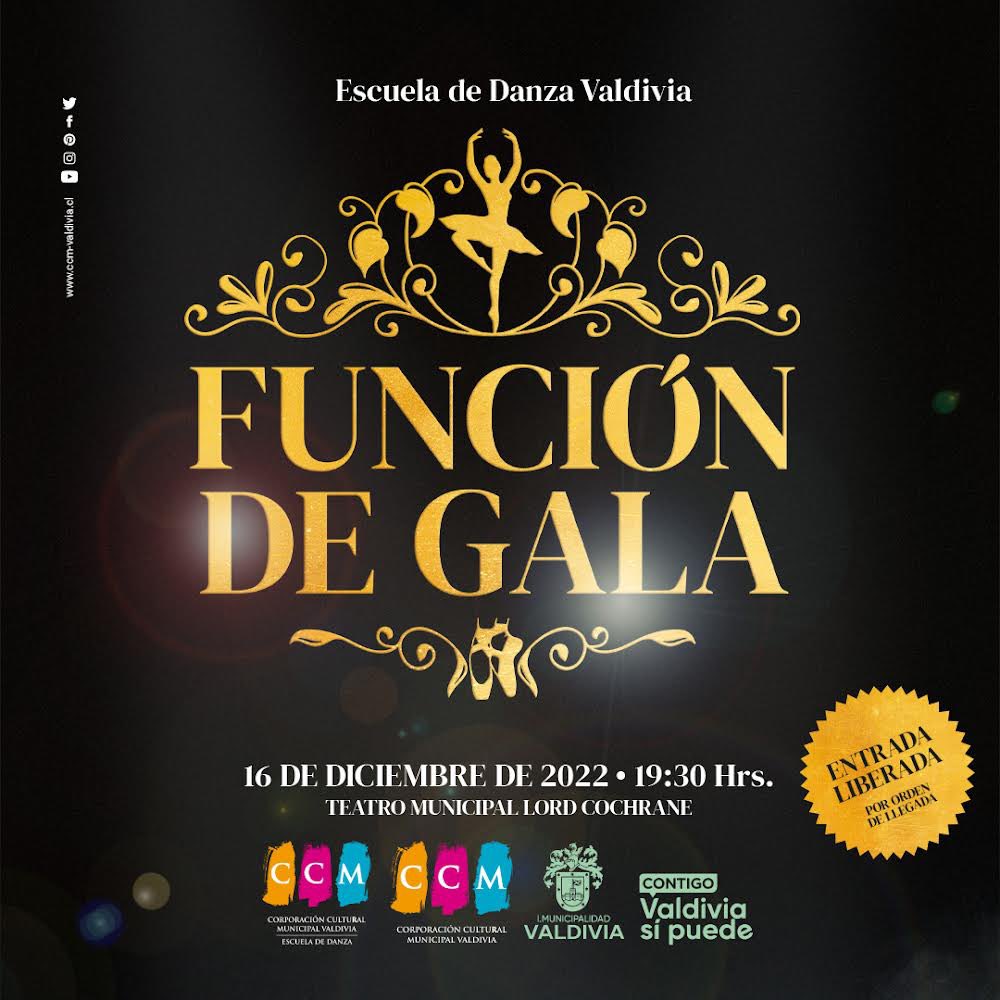 Función de Gala de la Escuela de Danza Valdivia
Teatro Municipal Lord Cochrane - Viernes 16 de diciembre 2022
<a href="/danza_valdivia/">Escuela de Danza Valdivia</a> <a href="/munivaldivia/">MuniValdivia</a> <a href="/MunicipalVald/">Teatro Municipal Val</a> @eligecultura <a href="/culturaslosrios/">Culturas Los Ríos</a> <a href="/INJUVLosRios/">INJUV Los Ríos</a> <a href="/bibliotecavaldi/">Biblioteca valdivia</a> #ValdiviaCL