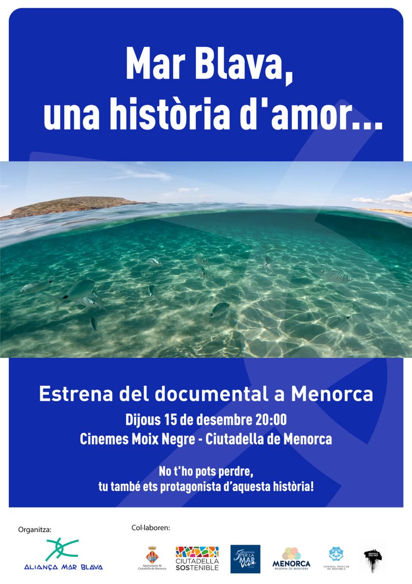 Estamos muy emocionadas de presentaros el estreno de MAR BLAVA, Una historia de amor..., el próximo 15 de diciembre, en Ciutadella de Menorca, en los cines Moix Negre, a las 20:00
@perlamarviva <a href="/ConsellMenorca/">Consell de Menorca</a> @ajuntamentciutadella @menorcadiuno
 
youtu.be/5PletvLZL_M