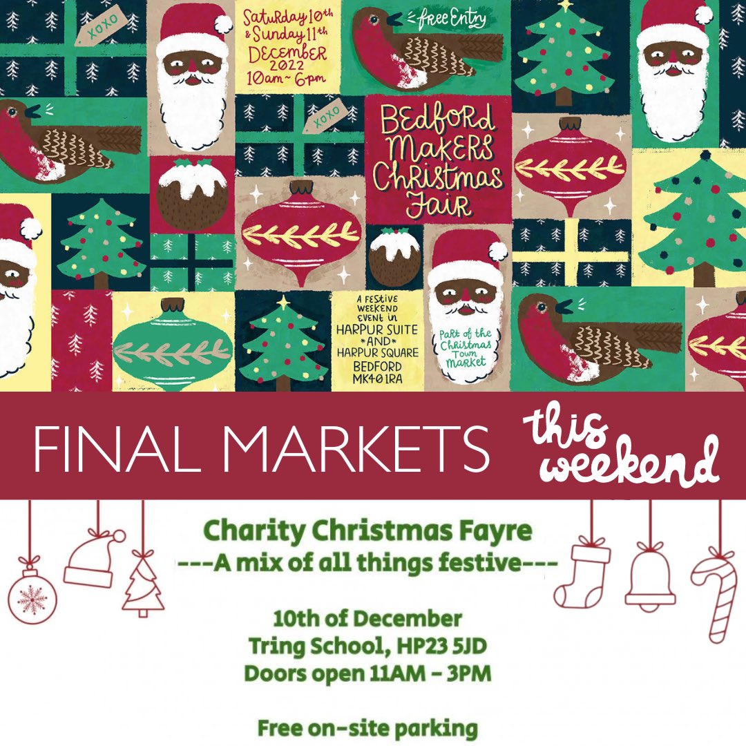 FINAL MARKETS OF 2022 THIS WEEKEND.

#Tring School Christmas Fair
10th Dec, 11am-3pm

Bedford Makers Christmas Fair
Harpur Suite, #Bedford
10th-11th Dec

Your last chance to purchase in person &amp; avoid postage costs!
#thisweekend #bedfordmakersfair #christmasfair #herts