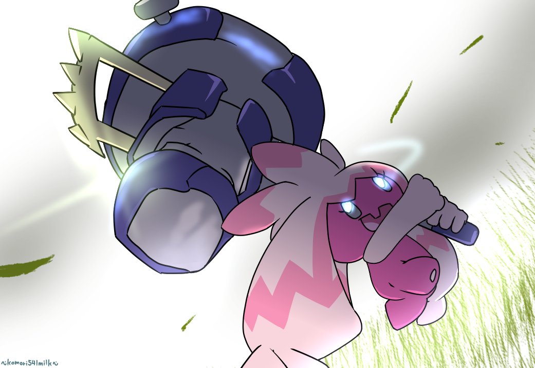 pokemon (creature) no humans glowing grass open mouth hammer holding  illustration images