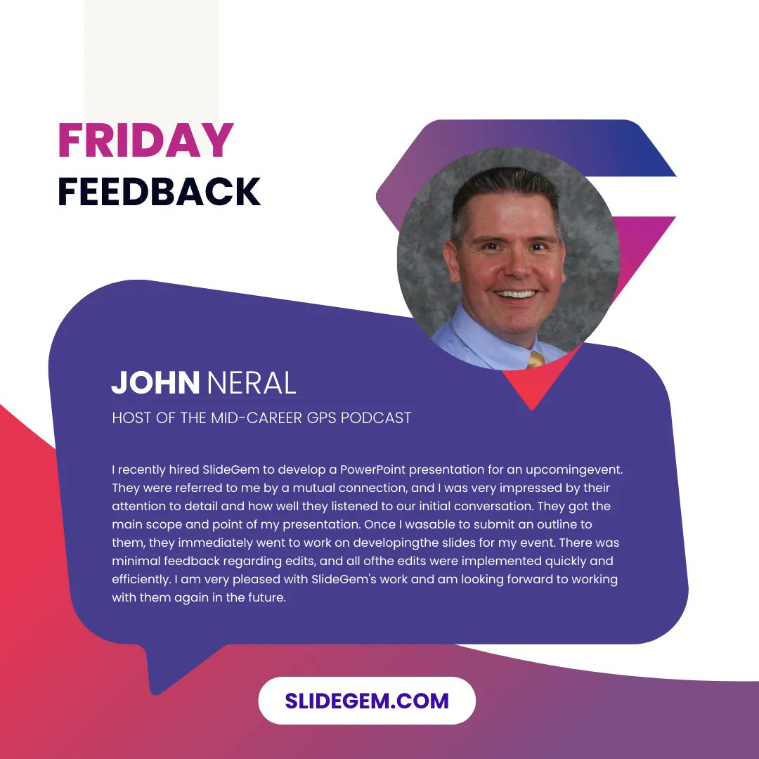 SlideGem's tweet image. Thank you for being part of the story! #clientlove

Contact us today:
📨 Email: Hi@slidegem.com
📲 WhatsApp: +92 3096 302626

#FridayFeedback #SlideDesigner #ProPresentationDesigner
#testimonial #Powerpoint #designthinking #visualdesign