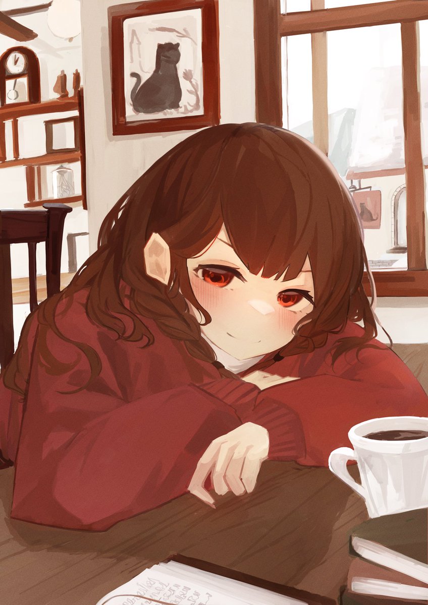 1girl brown hair book cup solo red eyes smile  illustration images