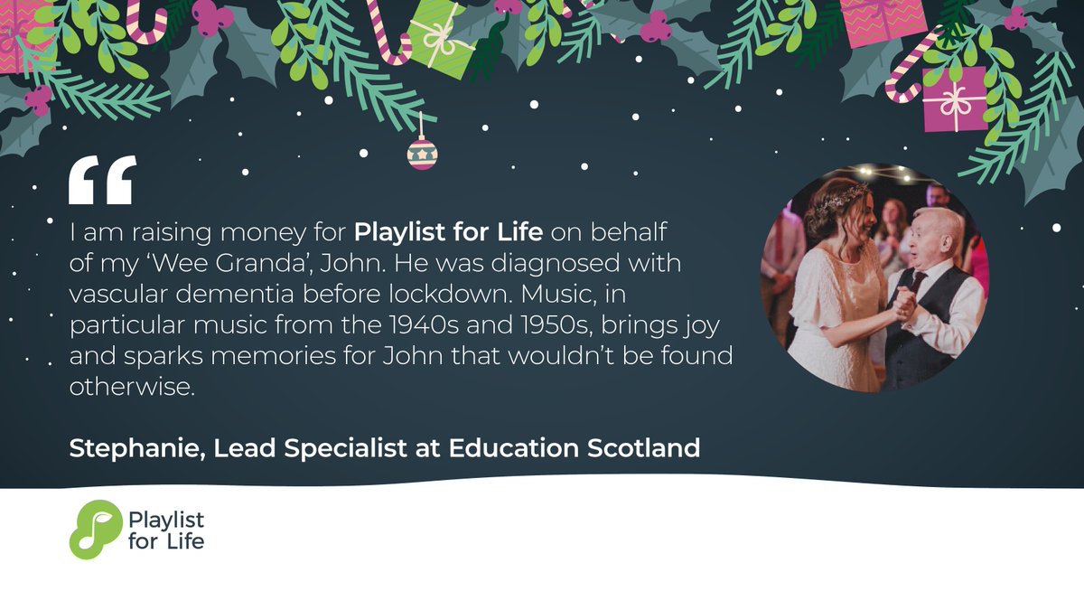 Finish up your year at work with some festive fundraising! 🎄 🎶 Hear from @Stephanie_Peat at @EducationScot about why she's fundraising for Playlist for Life, and find out how your organisation can help us support people with #dementia: bit.ly/3iQx6Et #GiftAPlaylist