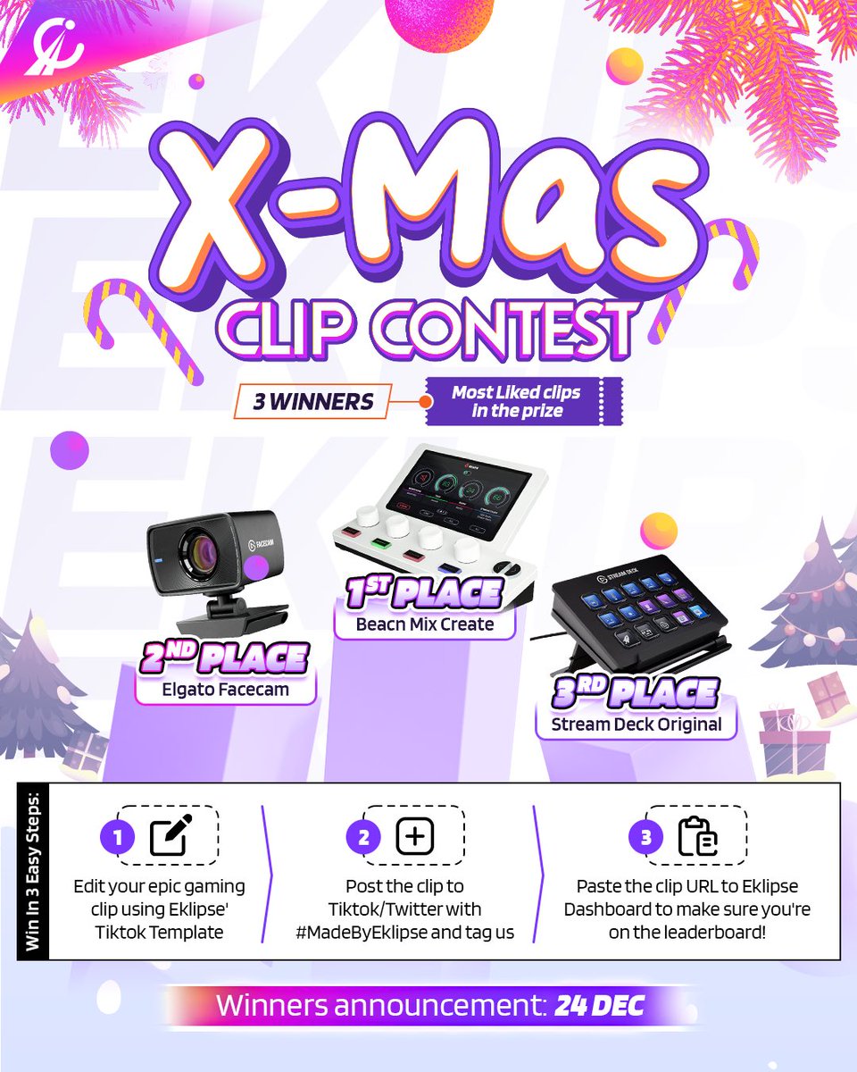 Eklipse_gg's tweet image. X-MAS CLIP CONTEST
Santa told us it&apos;s time to upgrade your setup!
🏆1st: Beacn Mix Create
🏆2nd: Elgato Facecam
🏆3rd: Stream Deck Original

MOST LIKED CLIPS WIN! Participate now and make sure you&apos;re on top of the leaderboard ➡️eklipse.gg

#clipcontest #competition