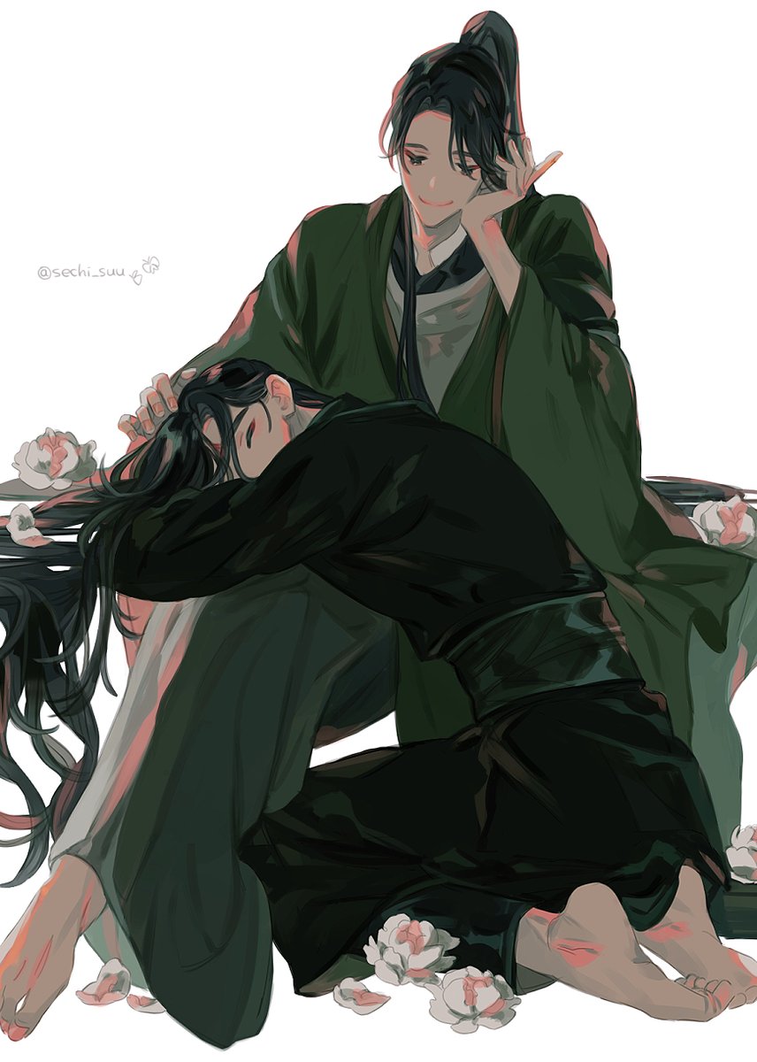 long hair flower 2boys multiple boys barefoot black hair male focus  illustration images