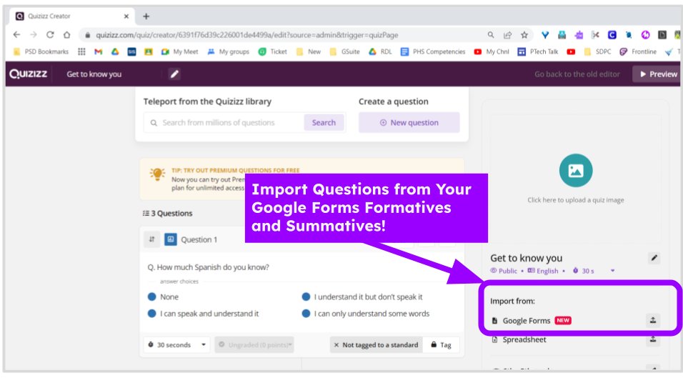 Love that you can now import your Google Forms questions into <a href="/quizizz/">Quizizz (now Wayground)</a>.  Seamless process.  If you're using a Form as a formative, why not gamify the activity?!