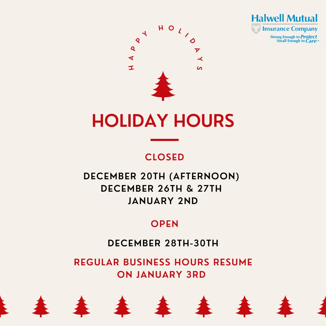 ❄️ Halwell's Holiday Hours ❄️ 

Wishing you and your loved ones a safe and wonderful Holiday season! 

#holidayhours #guelph #halwellmutual #guelphontario