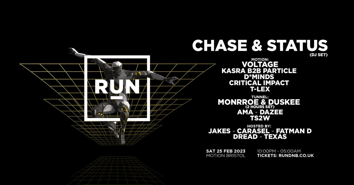 After six years, @chaseandstatus are returning to represent high-energy #DNB at RUN! 🌙 Featuring a line-up bringing max energy to an incredible @motionbristol system and visualscape, we are kicking off a giant 2023 with this giant, first RUN of the year bit.ly/RUN2023-signup