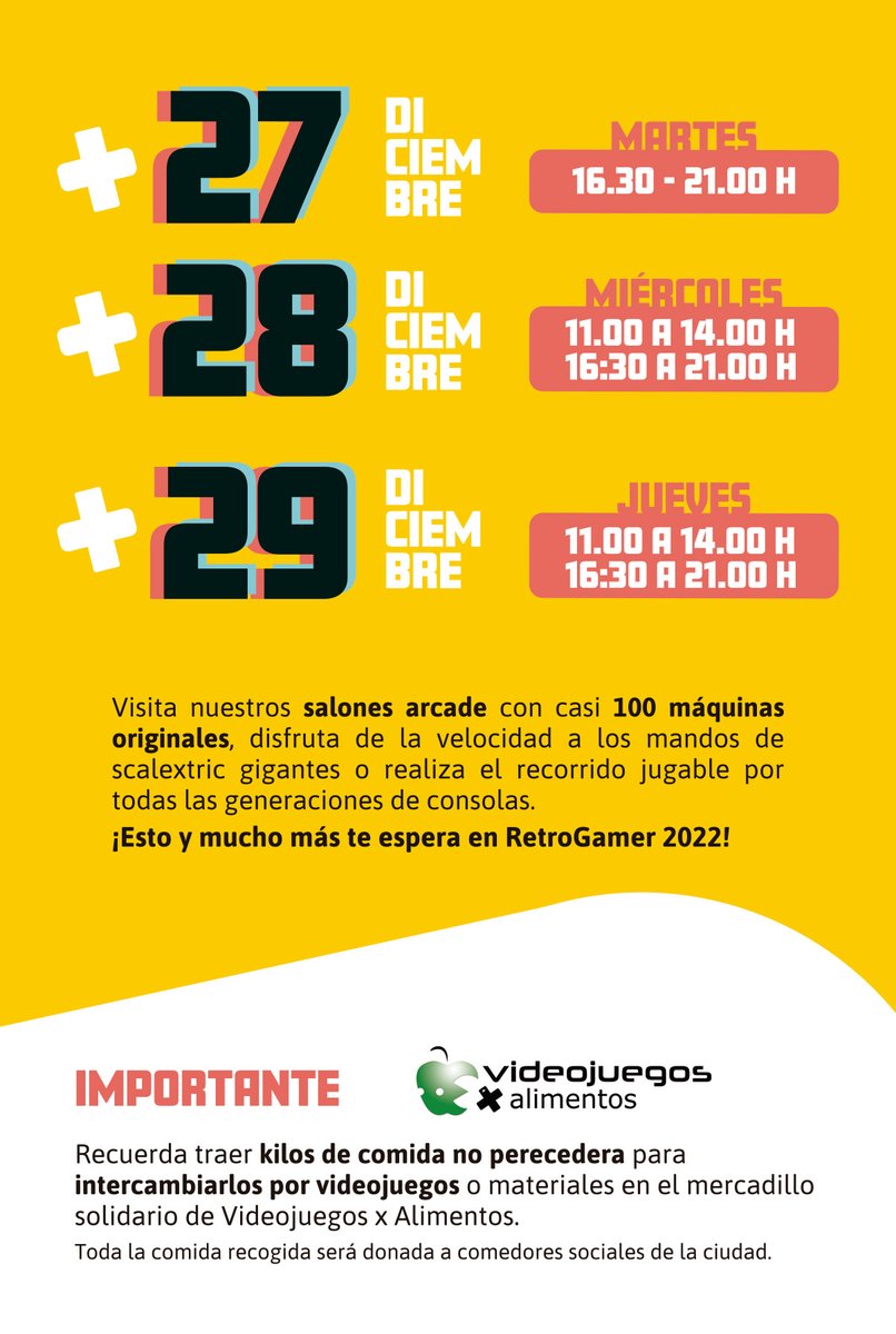.<a href="/zgzjoven/">Zaragoza Joven</a> vuelve a organizar #RetroGamer, un salón arcade con casi 100 máquinas originales, scalextric gigantes y un recorrido jugable por todas las generaciones de consolas. 
27, 28 y 29DIC
Sala Mutiusos de <a href="/AuditorioZGZ/">Auditorio de Zaragoza Princesa Leonor</a> con entrada libre y gratuita hasta completar aforo.
