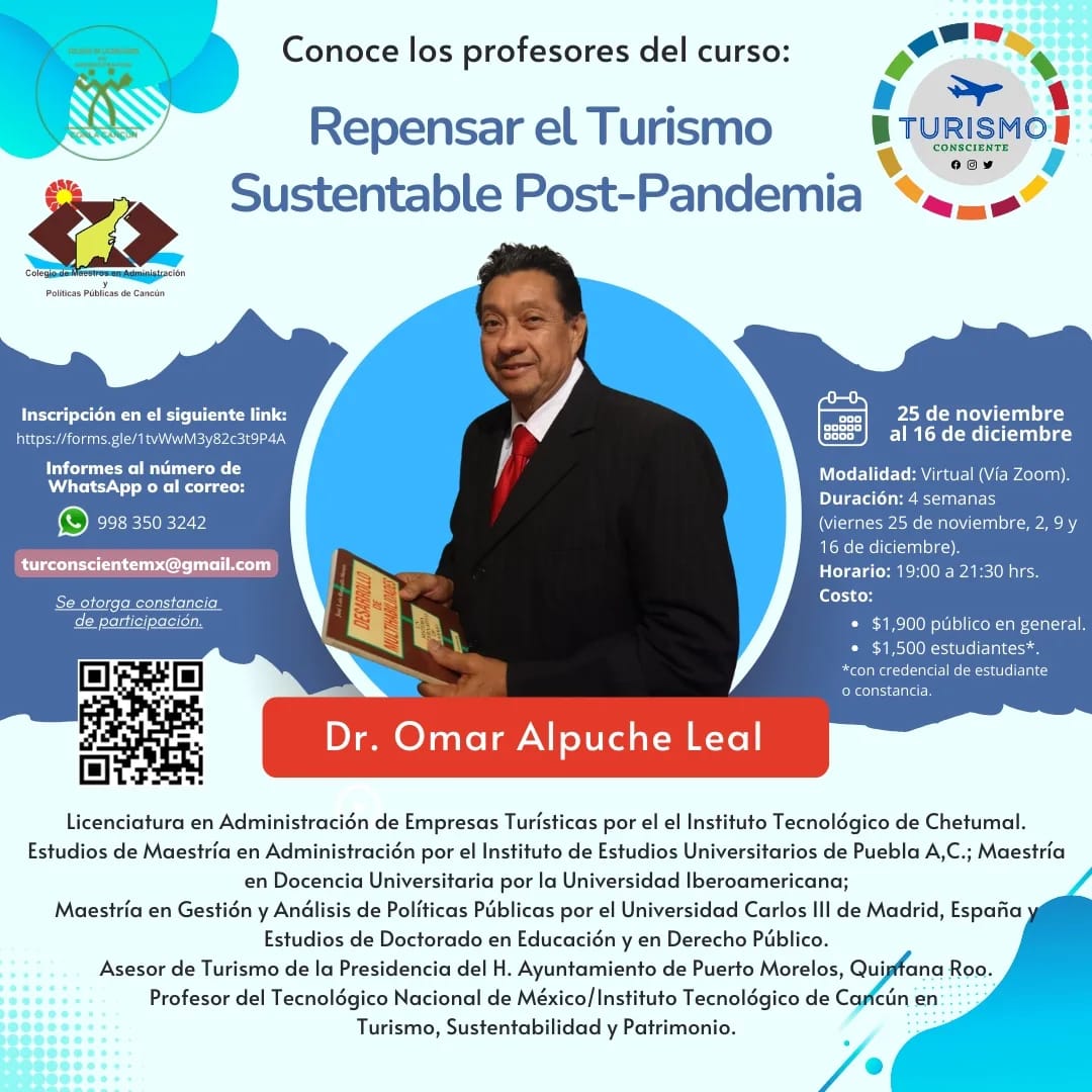 #EducaciónYTurismo Hoy el módulo sobre #PolíticaPúblicaEnElSectorTurístico  impartirá <a href="/omaralpuche/">omar alpuche leal</a> en el curso #RepensarElTurismoSustentablePostPandemia #TurismoParaElDesarrolloDelEstado #QuintanaRooPrimero <a href="/egreteccancun/">Fundación de Egresados y Amigos del TecNM</a> <a href="/enriqueoyromero/">Enrique Oy Romero</a> <a href="/egresadostec/">Asociación de Egresados del ITCH, A.C.</a> <a href="/arquitecto_mx/">Victor Sánchez Ruz</a> <a href="/chetubien/">Comunidad Chetubien</a>