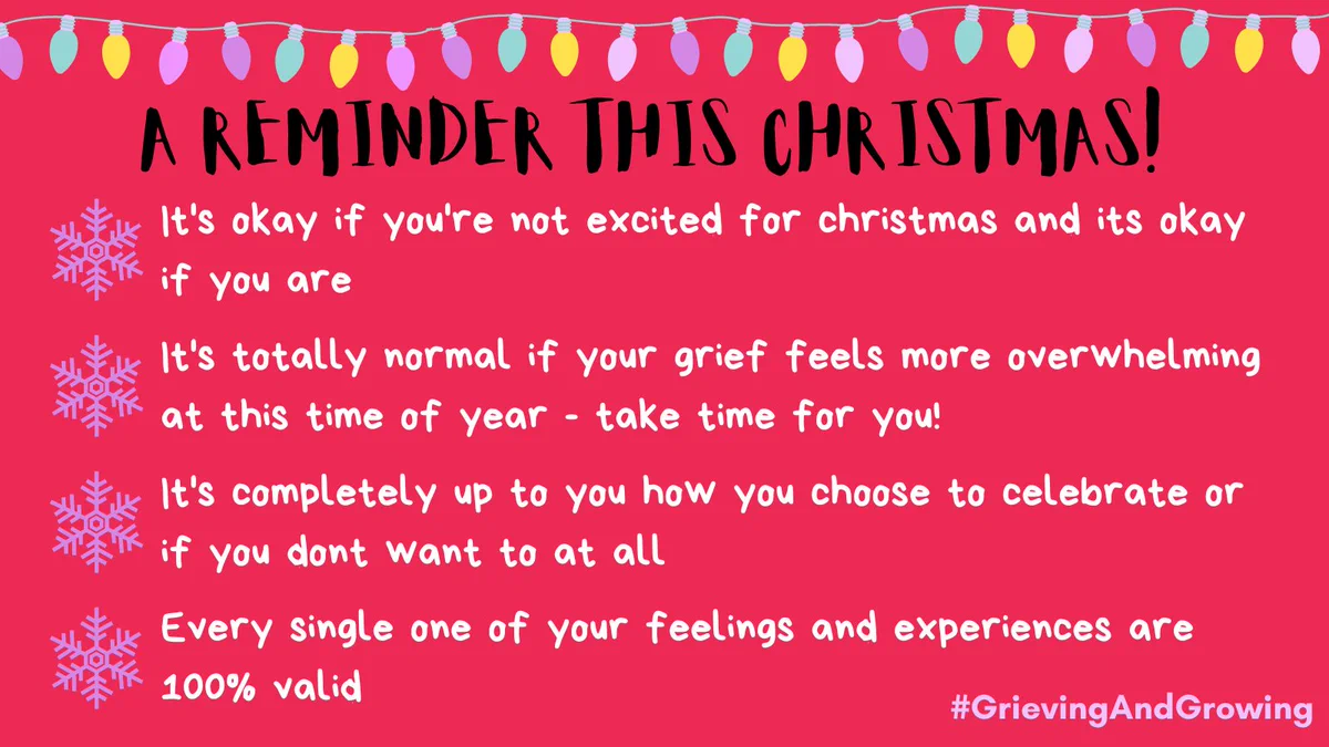 red background with snowflakes and Christmas lights. The heading "A Reminder This Christmas!" 
 - "Its okay if you're not excited for christmas and its okay if you are"
- "Its totally Normal if your grief feels more overwhelming at this time of year - take time for you!" 
- "its completely up to you how you choose to celebrate or if you don't want to at all"
-" every single one of your feelings and experiences are 100% valid" 