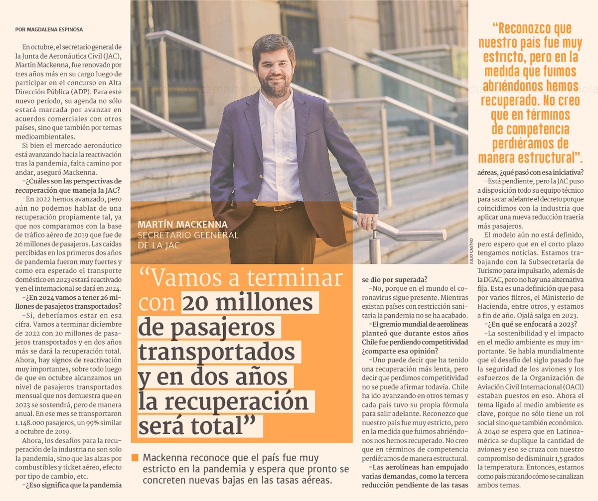 #PrensaMTT🗞️ El secretario general de <a href="/AeronauticaCL/">Junta de Aeronáutica Civil</a>, <a href="/mmackennar/">Martín Mackenna Rueda</a>, asegura que el mercado aeronáutico sigue avanzando a sus niveles pre pandemia: a diciembre se espera terminar con 20 millones de pasajeros transportados.

+info en la nota de <a href="/DFinanciero/">Diario Financiero</a>