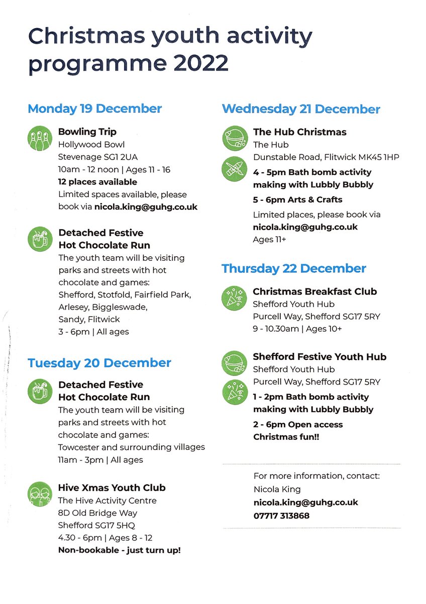 SheffordTC's tweet photo. Sparkle 2022
The Shefford Youth Involvement Team's Christmas youth activity programme 2022

For more information, contact:
Nicola King
nicola.king@guhg.co.uk
07717 313868 https://t.co/wZy1L1FDhk