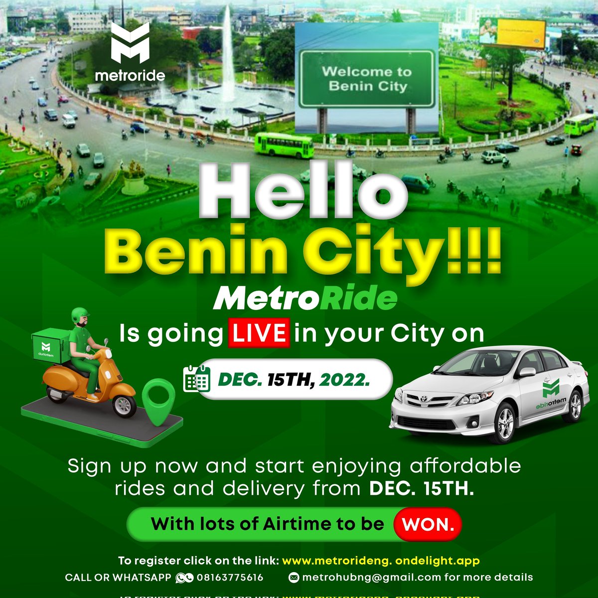 metrohubng's tweet photo. Kòyo the people of Benin City!!!
MetroRide is launching live  in your city on December 15th. 

Register now and enjoy free airtime when you book a ride on December 15th. 

Follow this link to register 

https://t.co/8UU9YUvaUt

#benincity #RideMadeForYou #delivery #Ride https://t.co/9ISVf8IHyi