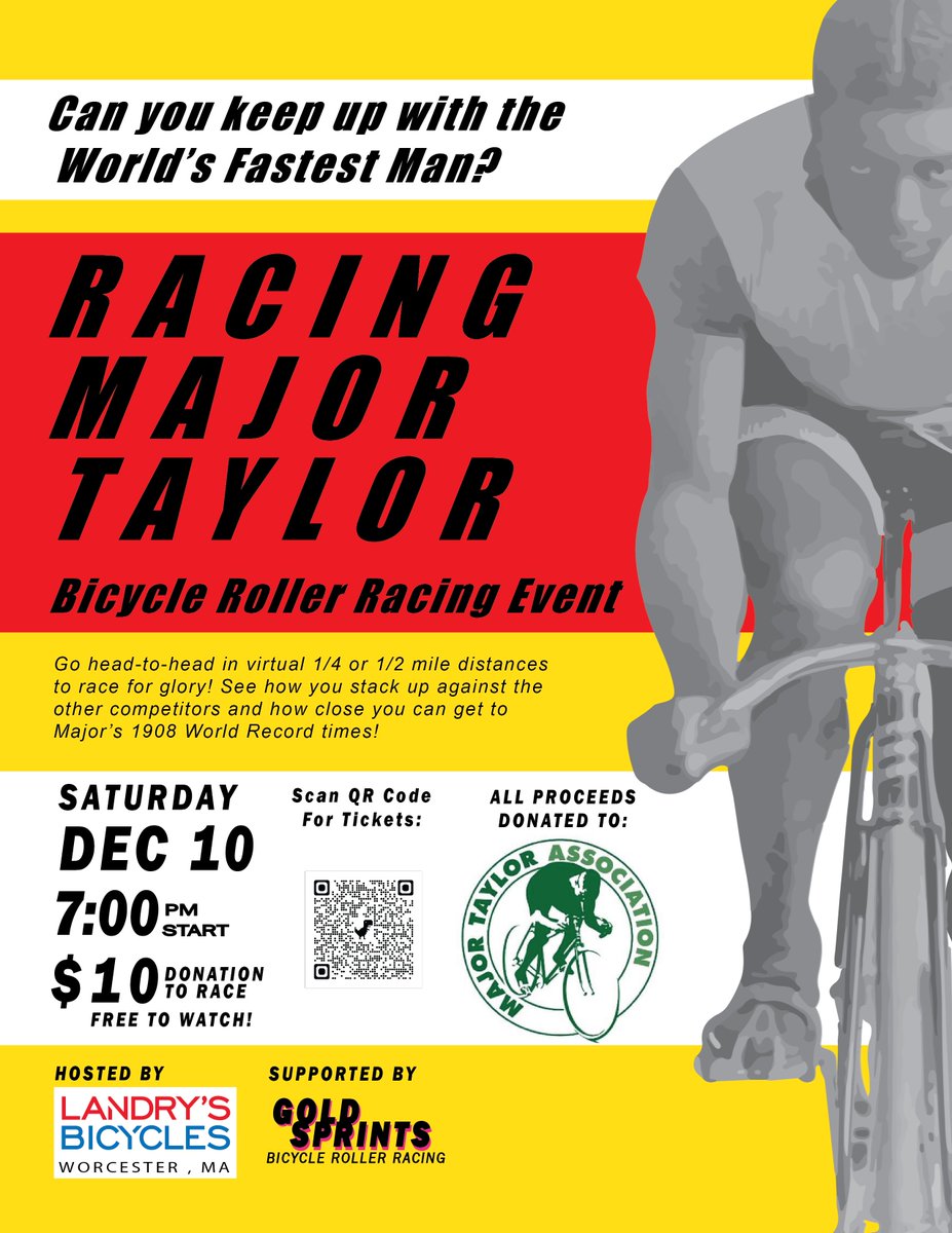 Indoor sprints! 7pm Saturday at Landry's Bicycles in Worcester. #honorMajorTaylor #goldsprints
No roller riding experience nec. Front fork is on stationary mount, so it's like riding a trainer.
$10 sugg'd donation to ride; free for spectators. RSVP at bit.ly/3U0UM6d