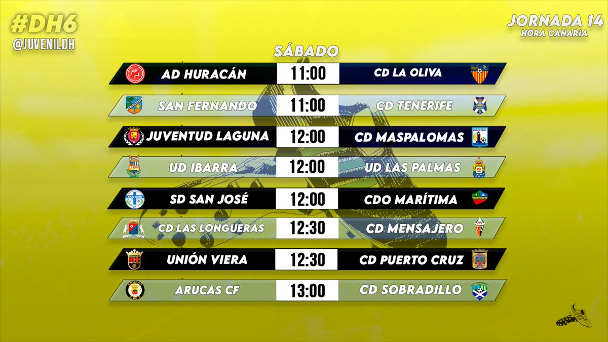 ⏰ HORARIOS JORNADA 1️⃣4️⃣ #DH6🏆 ⏰

🔝 <a href="/UDIbarra/">U.D. Ibarra</a> ⚪⚫ recibe al líder <a href="/UDLP_Cantera/">UD Las Palmas - Cantera</a> 🟡🔵

🚨 Duelo en la zona noble entre <a href="/SDSANJOSEOFICI1/">SD SAN JOSÉ OFICIAL</a> 🔵⚪ y <a href="/CDOMaritima/">Orientación Marítima</a> 🔴⚫

🔥 Enfrentamiento entre dos equipos en buena dinámica: <a href="/arucascf/">Arucas CF</a> ⚪⚫ y <a href="/cdsobradillofc/">C.D.Sobradillo</a> 🟢⚪

 #JuvenilDH👟