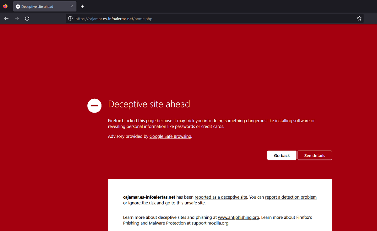 hxxps[://]cajamar[.]es-infoalertas[.]net/home[.]php
#phishing 

<a href="/alibaba_cloud/">Alibaba Cloud</a> registrar
<a href="/Cloudflare/">Cloudflare</a> cloud server
<a href="/serverionnl/">Serverion.com</a> hosting
 
<a href="/ICANN/">ICANN</a>
<a href="/YourAnonRiots/">Anonymous🐾🐈‍⬛</a>
<a href="/JAMESWT_MHT/">JAMESWT_MHT</a>
<a href="/JCyberSec_/">Jake | JCyberSec_</a>
@BankSecurity
<a href="/malwrhunterteam/">MalwareHunterTeam</a> 

Note:Please use Spanish IPs or proxies to view phishing content
