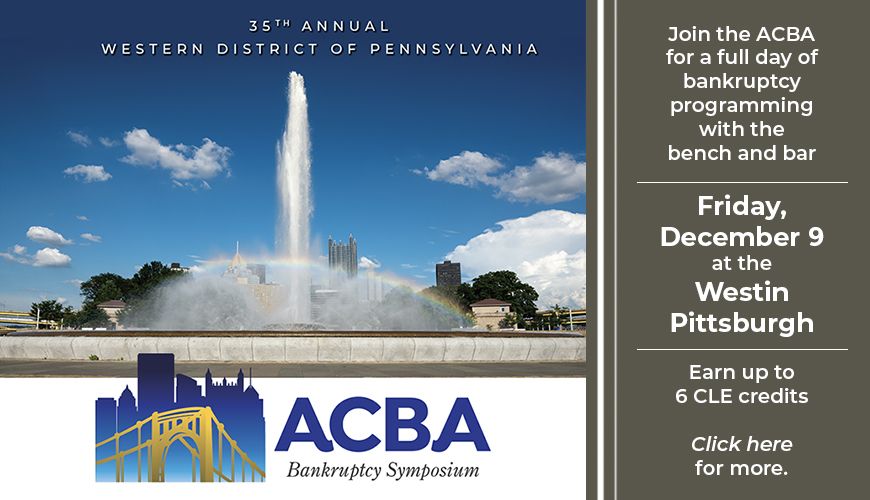 BBLawFirmPA's tweet photo. See you today at @AlleghenyCoBar's 35th Annual Bankruptcy Symposium, w/ a lineup of speakers, a full day of bankruptcy programming &amp; networking opportunities. 

#BBLaw #BBPC https://t.co/UGhs27JdP4