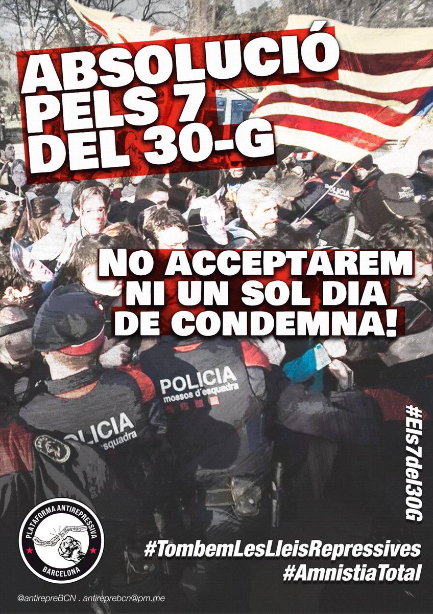 ⚠️ Atenció: Atentes a les xarxes ⚠️

🗣️ Els companys <a href="/els7del30G/">Els7del30G</a> van ser jutjats per manifestar-se pels drets i llibertats de totes. Ara resten a l'espera de la sentència. Els demanen fins a 21 anys de presó.

⤵️⤵️⤵️