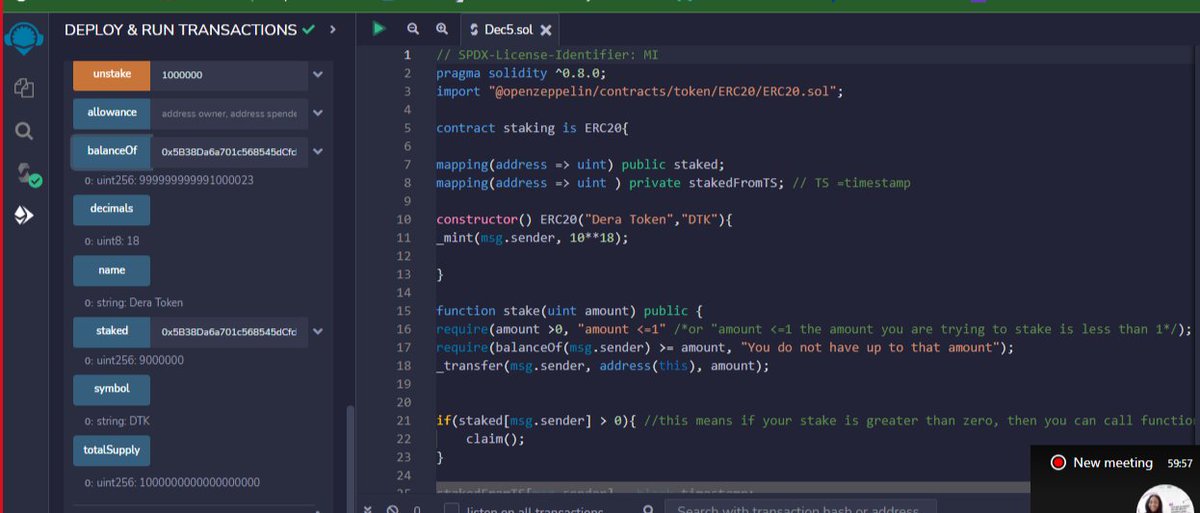 ✅Day 83 #WTF23
It has been a week of robust learning and reviews. 
Created a staking contract with #DeraTokens, #DTK.

Next we're moving forward to ERC-721 to create our NFT  smart-contracts. 
Cheers to us 🥂