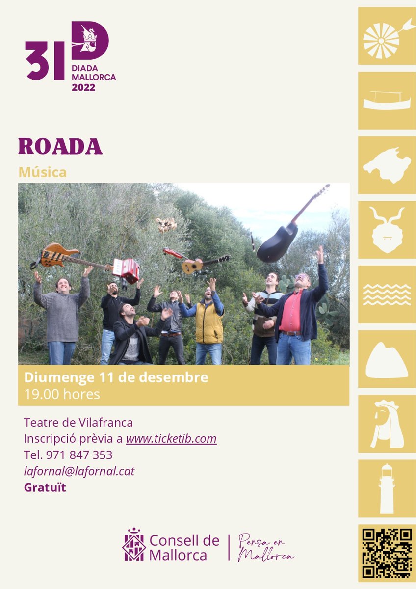 #DiadaDeMallorca2022 | Música 🎶

🎼 Roada
📅 Dia: Diumenge, 11 de desembre
⏰ Hora: 19h
📍 Ubicació: Teatre de Vilafranca

🎫 Treu la teva entrada gratuïta aquí 👉 web.conselldemallorca.cat/diada

#AgermanemMallorca
