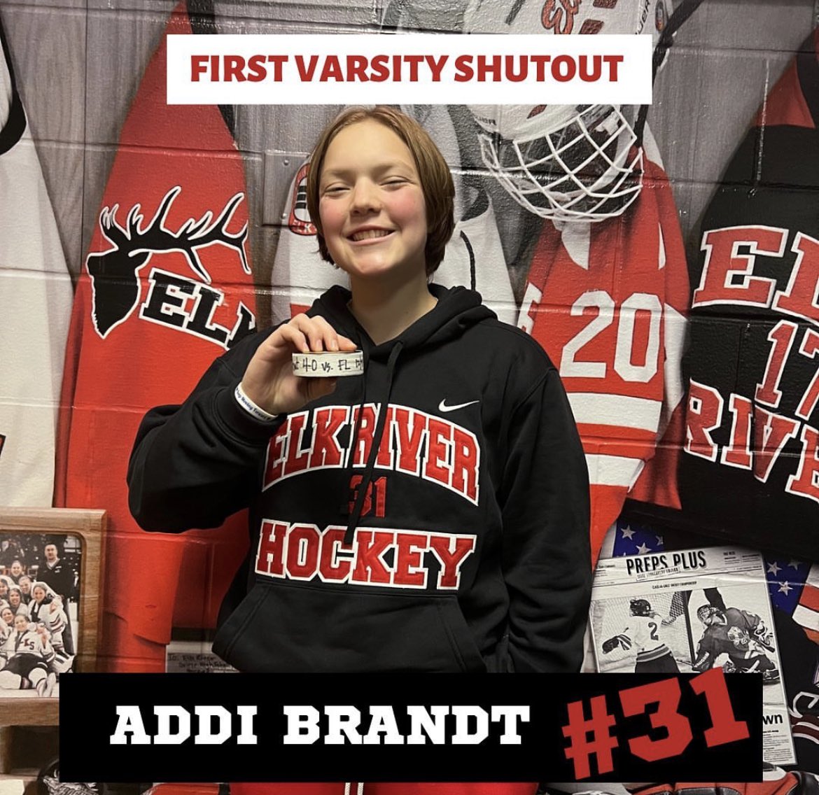 elkriverpuck's tweet photo. A milestone night for our goalie, Addi Brandt!! First varsity shut out last night—moving in ways we didn’t even know was possible, to be a brick wall! Way to go, Ads!! -#ElkPride #OneDownLotsToGo https://t.co/EZag96PDz8