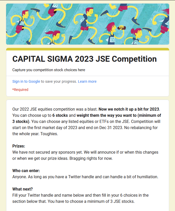 CAPITALSIGMAza's tweet photo. ANNOUNCING the 2023 JSE Competition:
Pick 6 JSE stocks you think will perform the best and allocate according to your conviction. You have until 31 Dec 2022 to register. Here's the link: https://t.co/r20UIClggK https://t.co/ejH5B6N6Hw