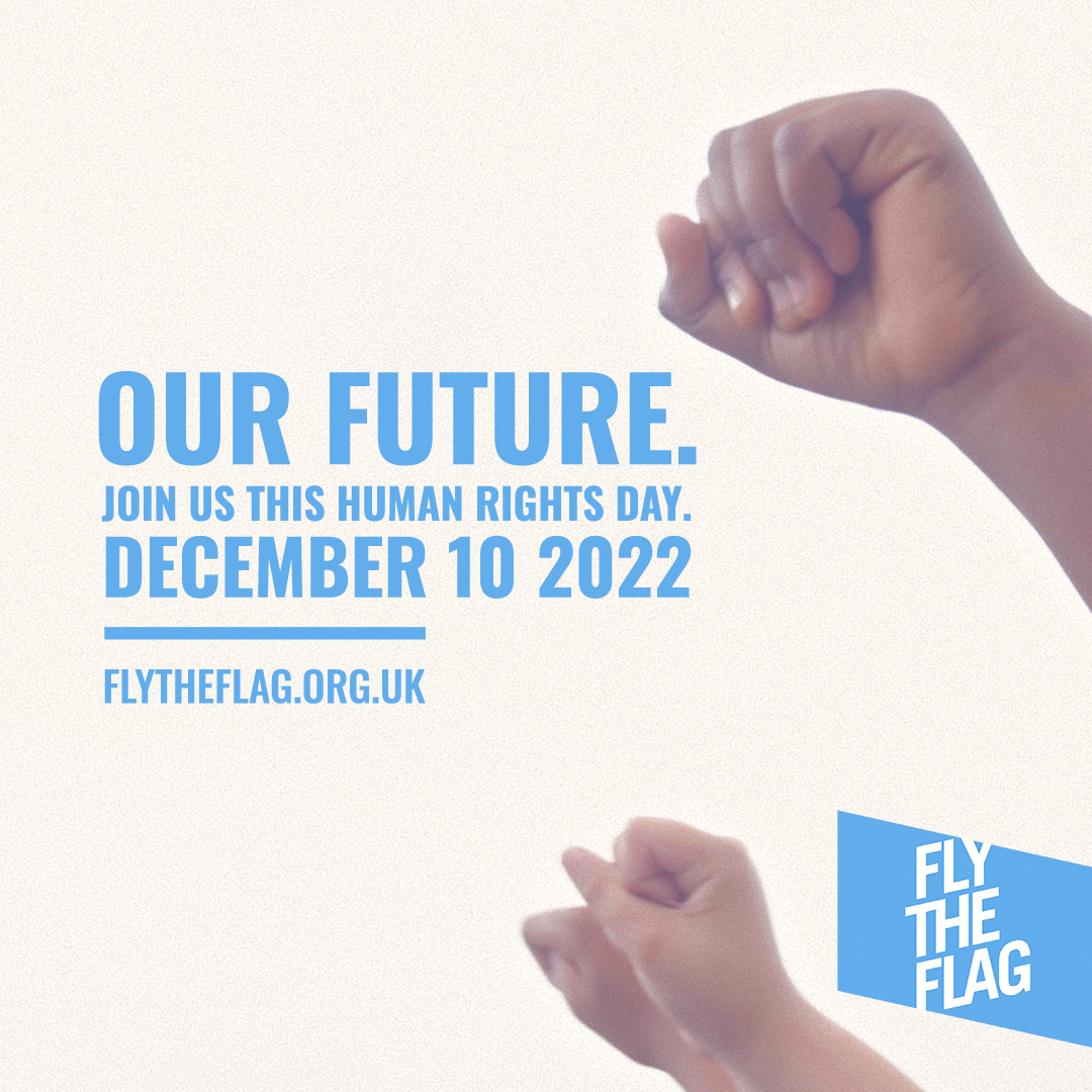 Tomorrow, 10 December, is #HumanRightsDay. Join us from 11am tomorrow to watch a brand new film by award-winning filmmaker Bim Ajadi documenting young people's responses & creative expressions to Article 20 - the right to protest. #FlyTheFlag22 #HumanRights