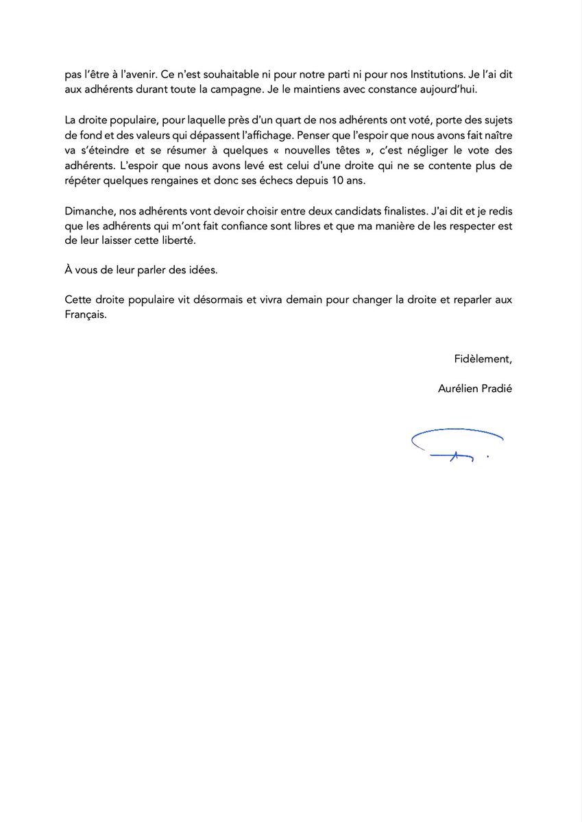 AurelienPradie's tweet photo. Depuis dimanche, la droite populaire convainc bien au-delà de ceux qui se sont portés sur notre candidature.

La droite populaire c’est plus que le renouvellement des visages. C’est celui des idées et du projet, pour convaincre.

Ma lettre à mes amis @ECiotti et @BrunoRetailleau. https://t.co/0xR8Z1FtXG