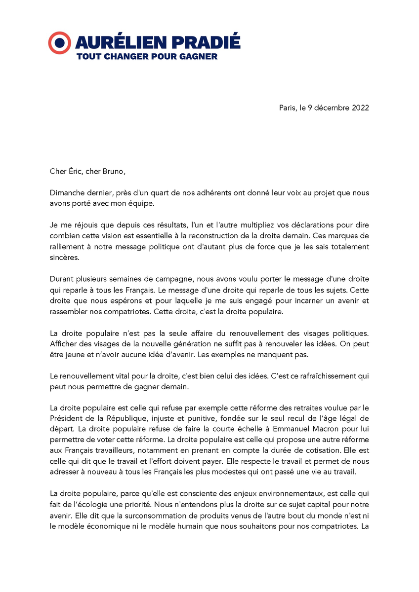 AurelienPradie's tweet photo. Depuis dimanche, la droite populaire convainc bien au-delà de ceux qui se sont portés sur notre candidature.

La droite populaire c’est plus que le renouvellement des visages. C’est celui des idées et du projet, pour convaincre.

Ma lettre à mes amis @ECiotti et @BrunoRetailleau. https://t.co/0xR8Z1FtXG