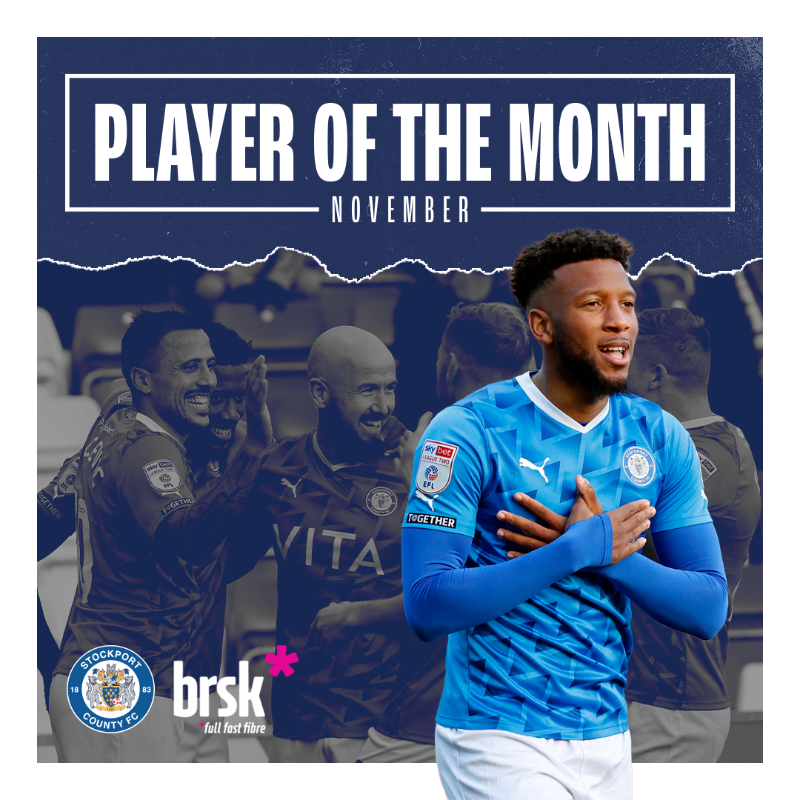 StockportCounty's tweet photo. 𝐈'𝐦 𝐢𝐧 𝐥𝐨𝐯𝐞, 𝐈 𝐜𝐚𝐧'𝐭 𝐝𝐞𝐧𝐲... 🔵⚪

Myles Hippolyte has been voted by supporters as your @Brsk_uk Player of the Month winner for November.

Congratulations, Myles! 🦛

#StockportCounty