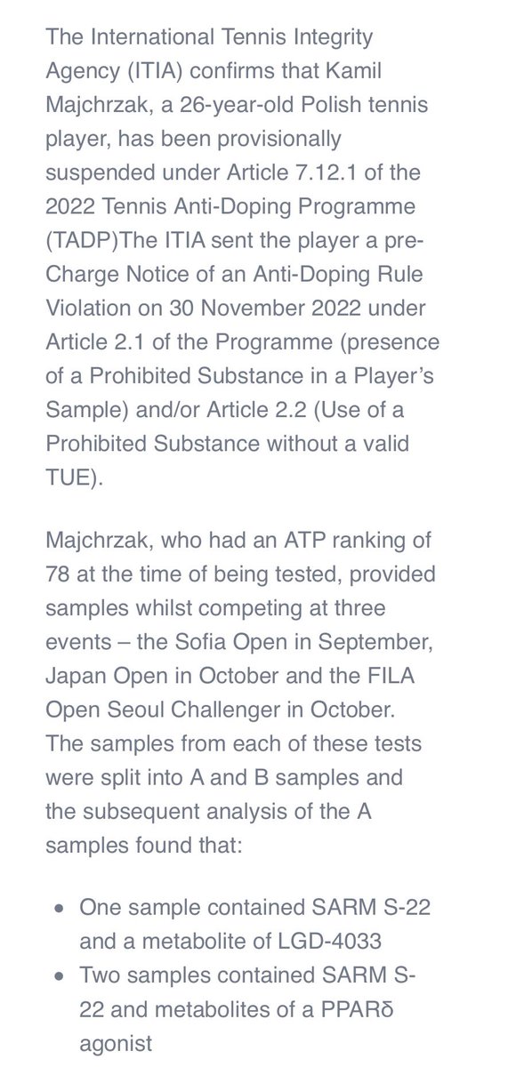 MichalSamulski's tweet image. Official: Kamil Majchrzak issued provisional suspension under Tennis Anti-Doping Programme.