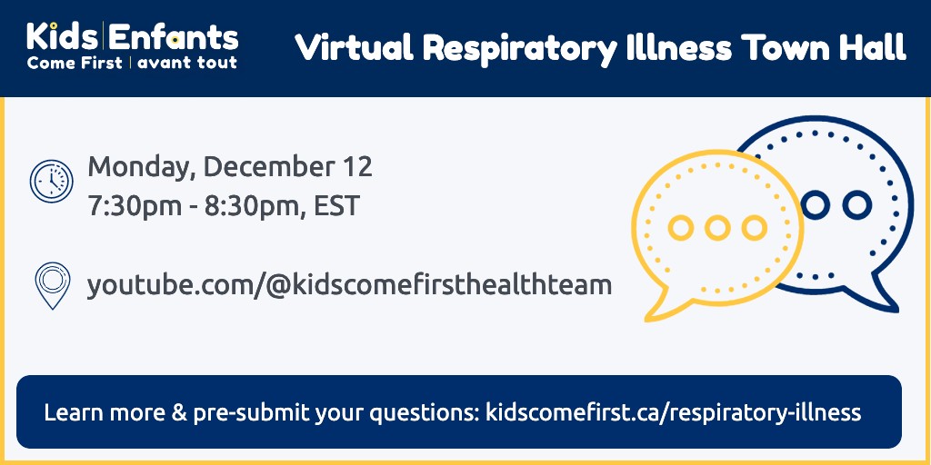 Are you a parent or caregiver concerned about the increase in respiratory illness in our community? Join the #KidsComeFirst Health Team for a virtual town hall on Monday evening. Subscribe &amp; ring the bell to get notified when the Town Hall starts: youtube.com/@kidscomefirst…