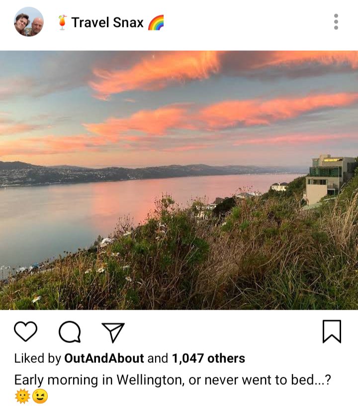 Lucius' IG: Picture of sunrise over harbor. Caption reads "Early morning in Wellington, or never went to bed...? 🌞😉
