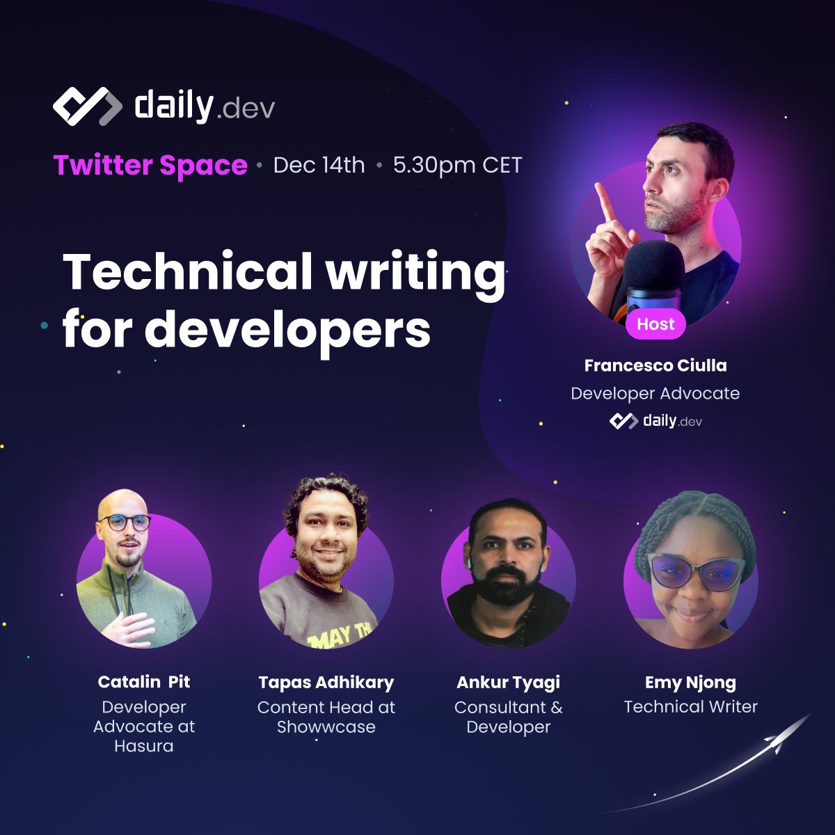dailydotdev's tweet image. 🟣 @dailydotdev Twitter Spaces 🟣

📝Technical writing for developers

⭐Speakers:
@catalinmpit | @HasuraHQ 
@tapasadhikary | @ShowwcaseHQ 
@TheAnkurTyagi |
@njong_emy | 

Host: @FrancescoCiull4 

🗓️ Dec 14th, Wed
 ⏰ 5.30pm CET

Set your reminder: