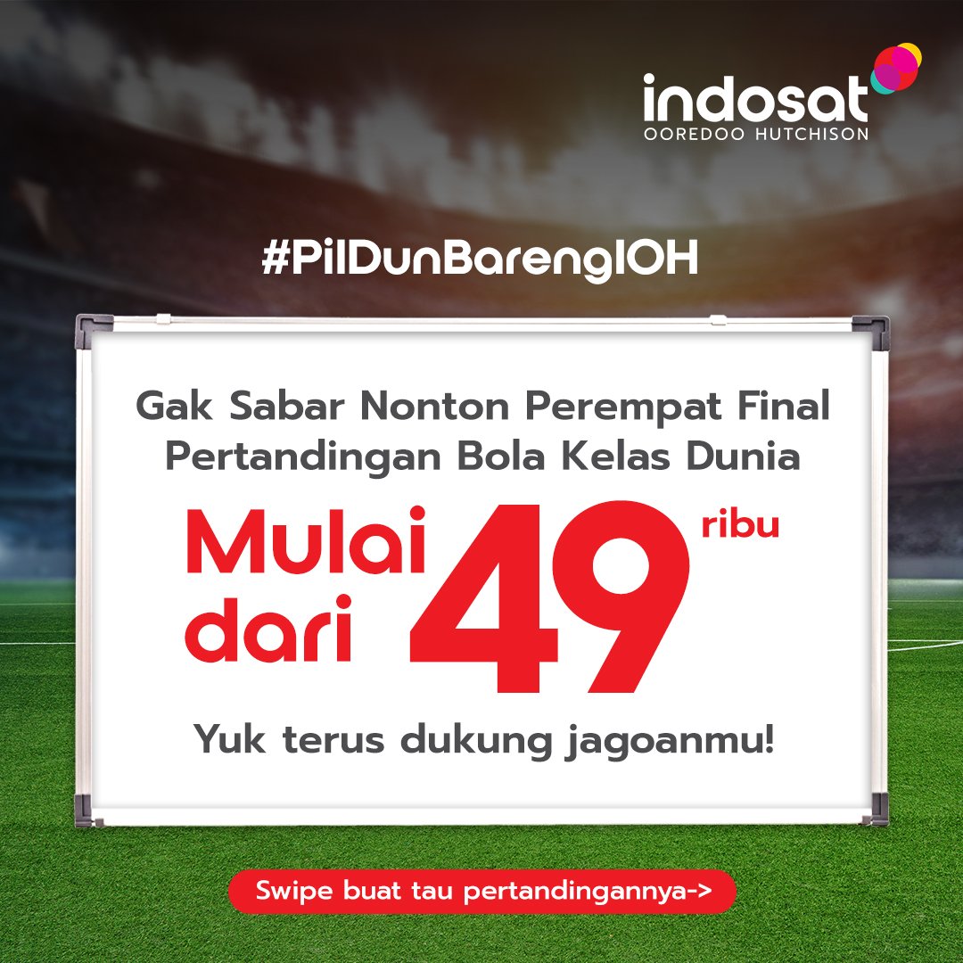 indosat's tweet photo. Perempat final ini pasti seru banget. Yuk, siapkan diri kalian untuk nonton #PilDunBarengIOH dengan paket nonton mulai dari 49 ribu aja di @vidio bareng @indosatim3 & @triindonesia! Catat jadwalnya ya! ⚽
#IndosatOoredooHutchison #PilDunBarengIOH #Timele55 #EmpoweringIndonesia https://t.co/ddrHltTcuj