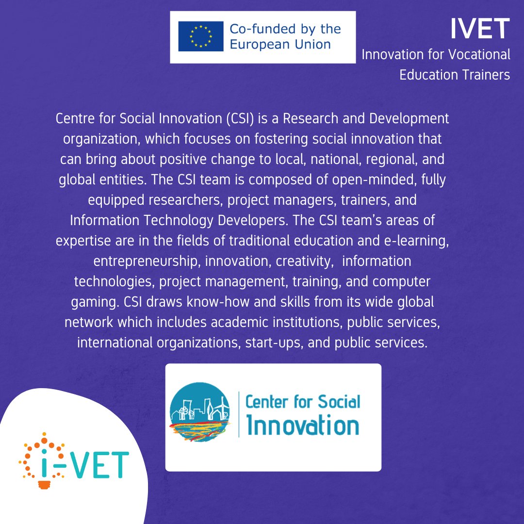 Ivetproject's tweet photo. 🔔Introducing the partners of the iVET project!🔔

We are introducing CSI, a Research and development organization in Cyprus with expertise in social innovation, equality, and education among other fields.

Stay tuned to find out about the rest of the consortium! 

#ivetproject https://t.co/IEG2Whdi5u