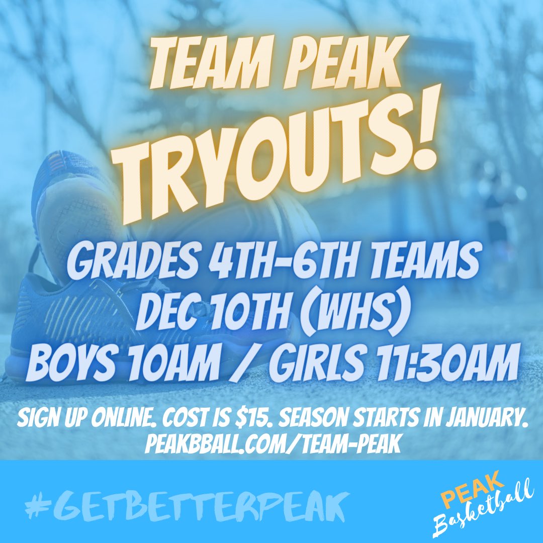 peakbball's tweet image. Tryouts this Saturday for grades 4th - 6th! Sign up online. Seasons begin in January.