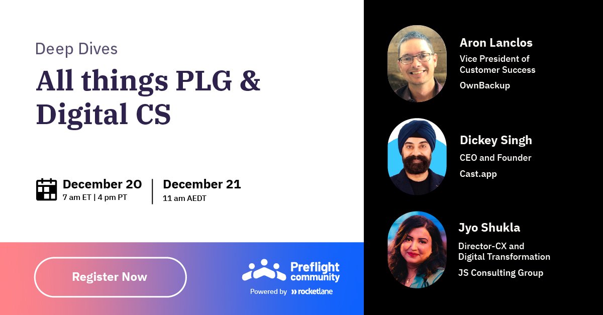 RocketlaneHQ's tweet photo. Getting Digital CS right is crucial as you grow, and draw out upsell and retention playbooks. 
Join leaders who have built #productledgrowth playbooks and #DigitalCS functions at scale in our next  #Preflight #DeepDives session.

Save your spot: https://t.co/8mhcOZ4QIt
#Preflight https://t.co/OoKW3CQG3l