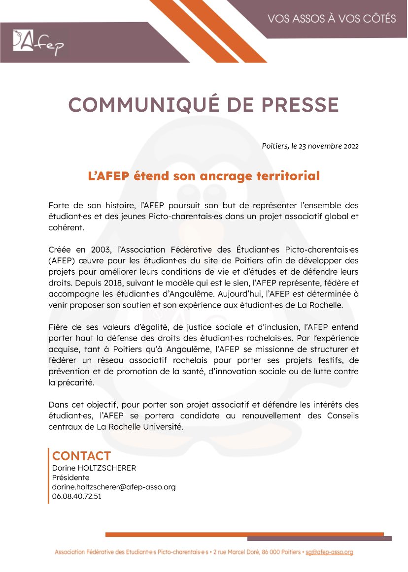 AFEP_asso's tweet photo. [Représentation]

L’AFEP porte un projet associatif global et cohérent.

Afin de représenter tous.tes les https://t.co/L8H88OvgO1 du territoire Picto Charentais, et fédérer un réseau associatif rochelais, l'AFEP se porte candidate aux élections centrales de La Rochelle Université https://t.co/6bqkvLALgx