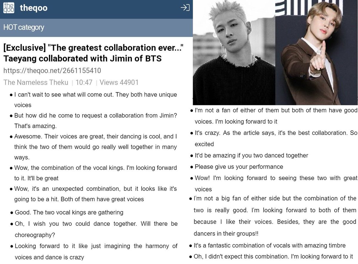 PJiminNews's tweet photo. [K-Community] Netizens expresss their excitement for a collaboration between Jimin and Big Bang Taeyang!

"I can't wait to see what will come out. They both have unique voices" "It'd be amazing if you two danced together" https://t.co/r4jO0lhH3l